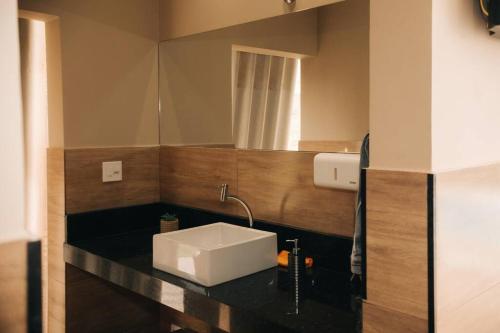 a bathroom with a sink and a mirror at Sitio Silveira Nobre - São Joaquim de Bicas in São Joaquim de Bicas