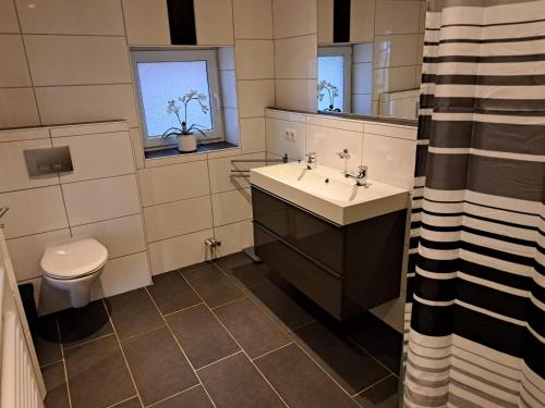 La salle de bains est pourvue d'un lavabo et de toilettes. dans l'établissement Kniepwiekerhof, à Neukamperfehn