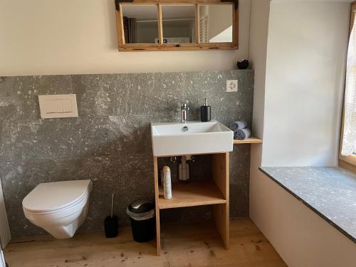 La salle de bains est pourvue d'un lavabo et de toilettes. dans l'établissement Wohnung gemütlich mit Stil „la tgea cotschna“, à Pignieu