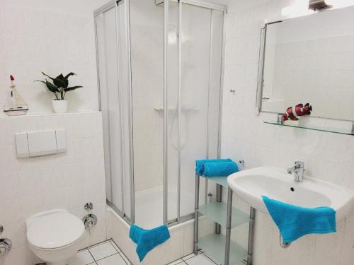 a bathroom with a shower and a sink and a toilet at Appartementhaus Olymp in Kühlungsborn