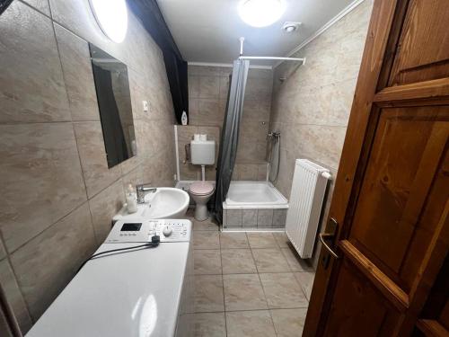 a bathroom with a sink and a toilet and a tub at Budget Inn th 23 - Downtown 3 Bedroom apartment in Szombathely