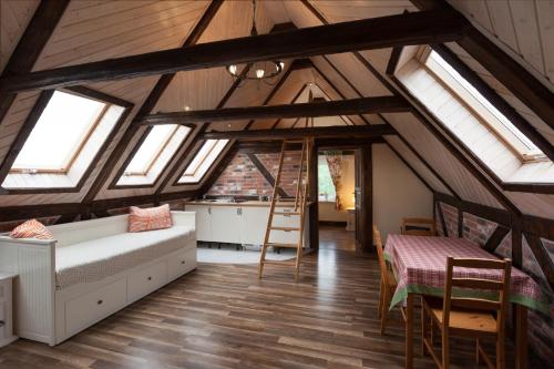 a attic room with skylights and a couch and a ladder at Gospodarstwo Agroturystyczne Kowalowe Wzgórze in Polanica-Zdrój