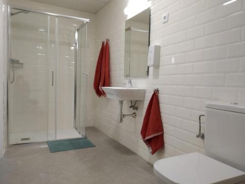 a bathroom with a shower and a sink and a toilet at Casa de Colònies Casa Pare Coll in Gombreny
