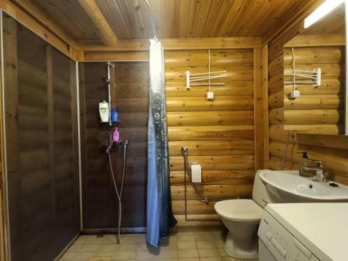 uma casa de banho com um chuveiro e um WC. em Kuusivilla 1 em Syöte