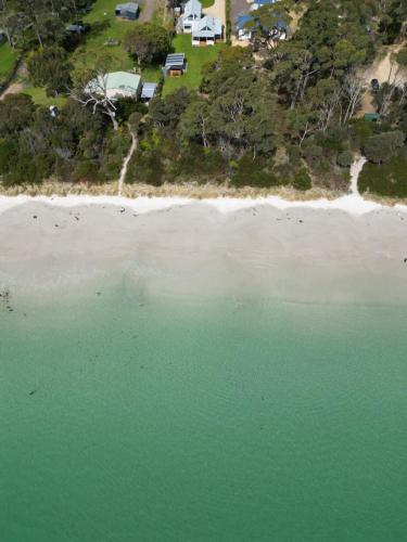 an aerial view of a beach with green water at The Pearl Tasmania in White Beach