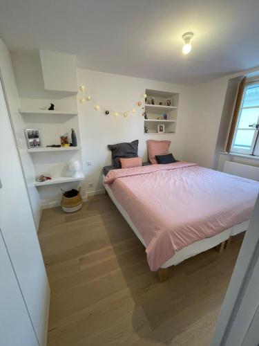 a bedroom with a bed with pink sheets and a window at Appartement Bellecour in Lyon