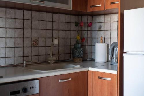 a kitchen with a sink and a tiled wall at Cozy apartment in Sykies in Thessaloniki