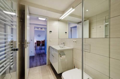 a bathroom with a toilet and a sink and a shower at FeWo Prora - Strandidyll in Binz