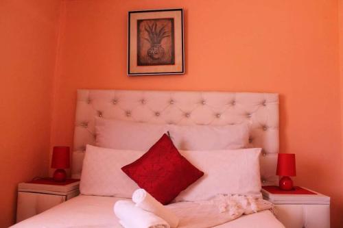 馬塞魯的住宿－RIO GUESTHOUSE，卧室配有白色的床和红色枕头