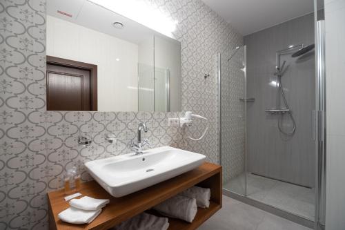 a bathroom with a sink and a shower at Hotel Michael's Palace in Košice