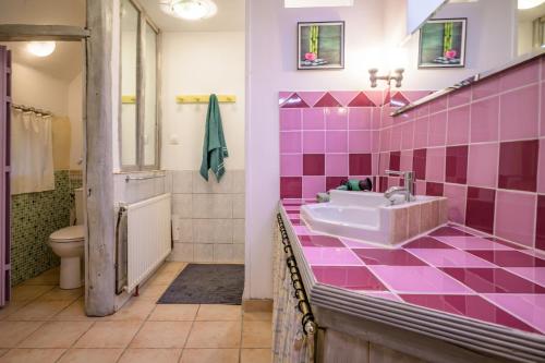 a pink bathroom with a sink and a toilet at Gîte Les Toisnières in Marigné-Laillé
