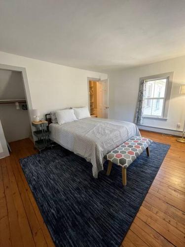 a bedroom with a large bed and a blue rug at Litchfield Modern Farmhouse in Litchfield