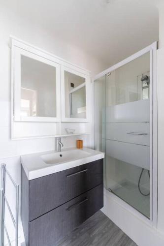 une salle de bain avec un lavabo et une douche en verre dans l'établissement Vue mer Plage Catalans Vieux Port Clim - 2 chambres, à Marseille