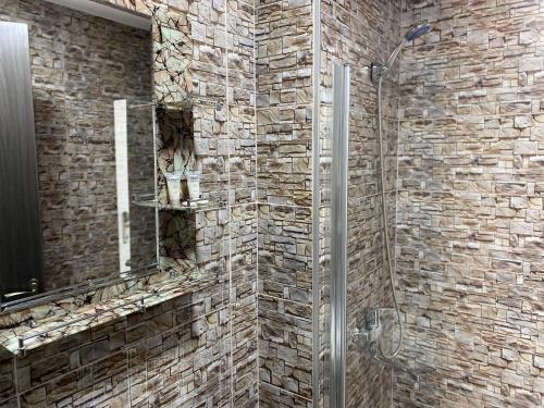 een badkamer met een glazen douche en een stenen muur bij New Gudauri Loft 2 in Goedaoeri