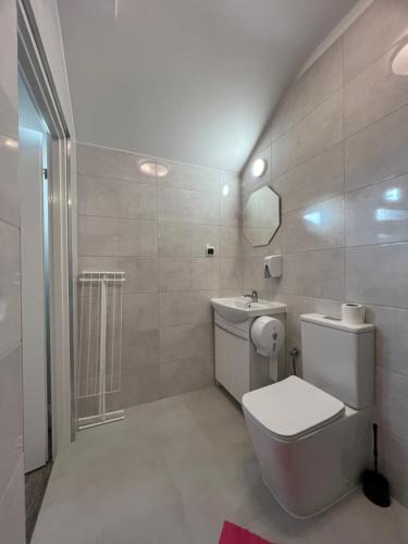 a bathroom with a toilet and a sink and a shower at Etna 4 - Apartamenty -Parking Osmeckiego 4 E Rzeszów -Parking -Garaż- in Rzeszów