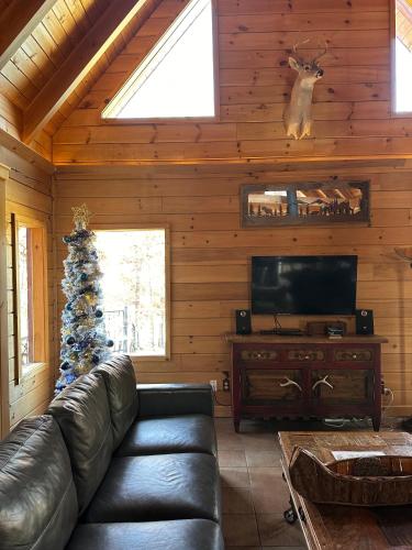 a living room with a leather couch and a christmas tree at Moose Lodge w/HotTub in Ridgedale
