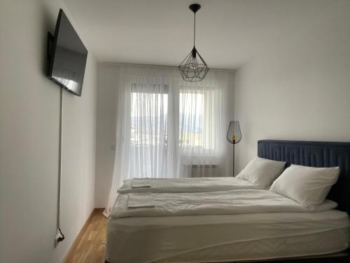 um quarto com uma cama grande e uma janela em Apartment Hera with private garage em Lukavica