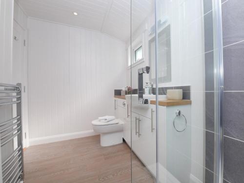 a bathroom with a toilet and a glass shower at 1 bed in Langbank 73845 in Langbank