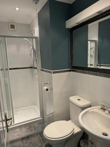 uma casa de banho com um WC, um chuveiro e um lavatório. em Windsor Wine and Dine em Chertsey