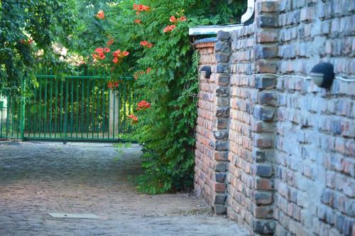 a brick wall with a gate and red flowers at Bloom in Bloemfontein