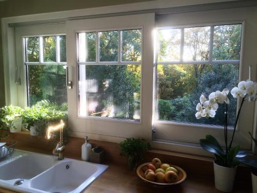 - une cuisine avec 2 fenêtres, un évier et un bol de fruits dans l'établissement Chalet de Vasterival, à Varengeville-sur-Mer