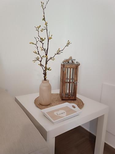 a white table with a book and a vase on it at Appartamento turistico Olivella in Formia