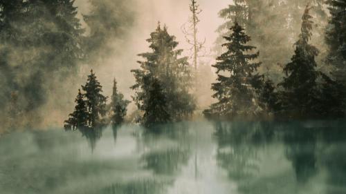 a painting of a lake with trees in the background at Boutique Hotel Soyka in Špindlerův Mlýn