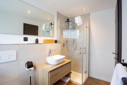 uma casa de banho com um lavatório e um chuveiro em Chalet Bergzeit em Braunlage