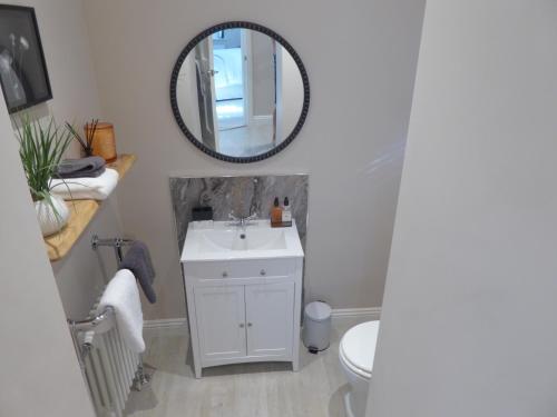 a bathroom with a white sink and a mirror at The Skreen in Builth Wells