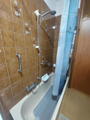 a bathroom with a shower with a tub and a sink at AGLIANO LOVELY APARTMENT in Agliano Terme