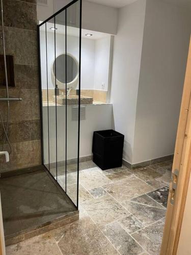 a bathroom with a glass shower with a mirror at Cosy - 2min Gare - work/fun in Bellegarde-sur-Valserine