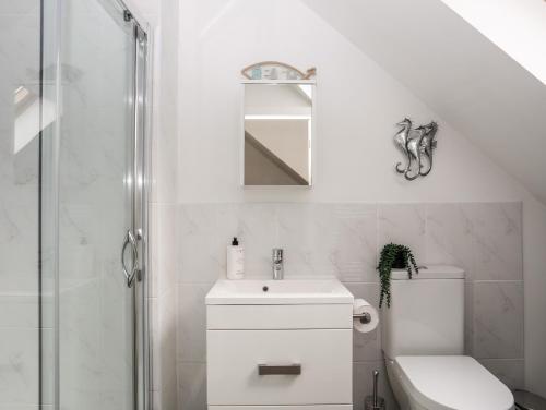 a bathroom with a toilet and a sink and a shower at Ty Glan y Mor - Pwllheli in Pwllheli