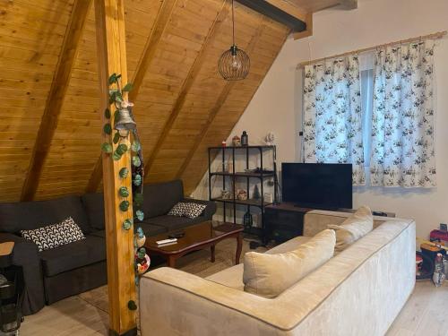 ein Wohnzimmer mit einem Sofa und einem TV in der Unterkunft Vikendica u blizini Beograda - A Frame in Veliki Borak
