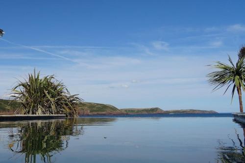 un grande bacino d’acqua con palme sullo sfondo di The Sandcastle. Private steps onto a sandy beach a Pembrokeshire