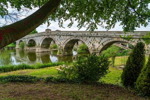 un ponte di pietra sull'acqua con un fiume di Mytton and Mermaid - Brunning and Price a Shrewsbury