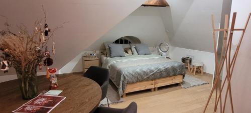 um quarto com uma cama e uma mesa em studio 50m2 au bord de l'eau à STRASBOURG em Estrasburgo
