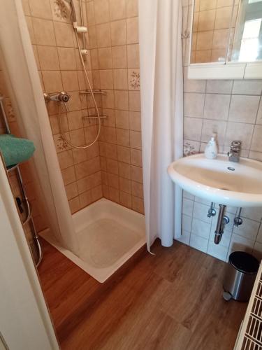 a bathroom with a shower and a sink at Dachgeschoss - Maria von Berg - Wohnen auf Zeit in Rottweil