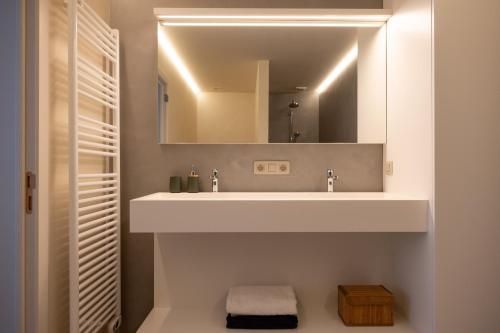 a bathroom with a white sink and a mirror at B&B Ginnekenshoeve in Beerse