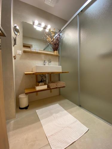 a bathroom with a sink and a shower at Apartmány Impresia - Bernard in Vysoké Tatry