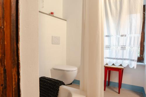 ein Bad mit einem WC und einem Duschvorhang in der Unterkunft Il Convento in Sansepolcro