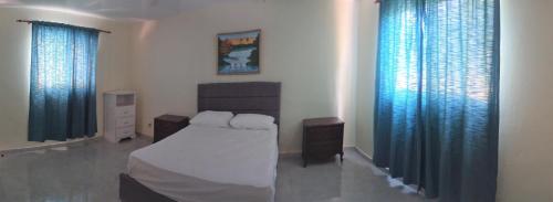 a bedroom with a bed and two blue curtains at Los Palmares Guest House & Eventos in San Cristóbal