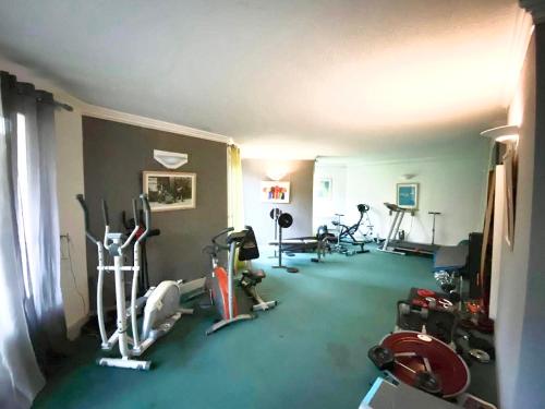 a gym with several treadmills and exercise bikes at Chambre proche de Genève in Annemasse