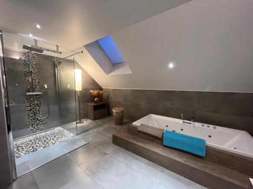 弗朗科爾尚的住宿－Loft de prestige au pied du circuit，带浴缸和玻璃淋浴间的浴室。
