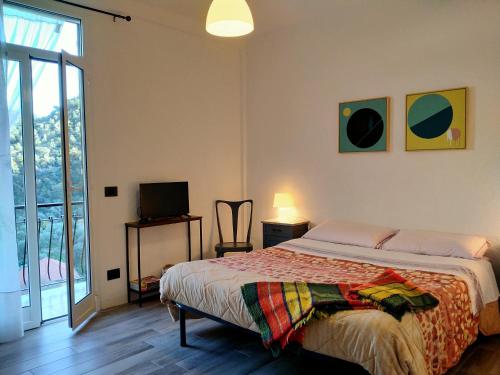 1 dormitorio con 1 cama, TV y ventana en Cá Moro Airole, en Airole
