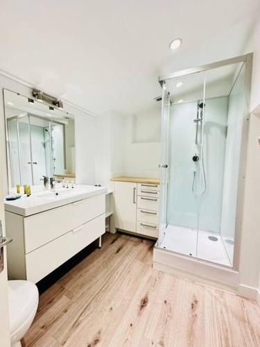 une salle de bain blanche avec une douche et un lavabo dans l'établissement Great flat in center of Paris, à Paris