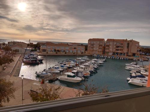 Er liggen boten in een jachthaven. bij Superbe appartement avec vue sur la mer et port in Frontignan