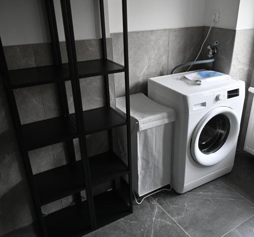 a washing machine in a bathroom with a shelf at bee Apartment 10 Betten für Gruppen & Monteure PS5 in Fellingshausen