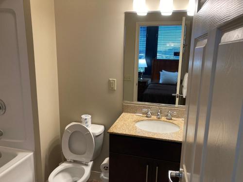 a bathroom with a toilet and a sink and a mirror at River View in Pittsburgh