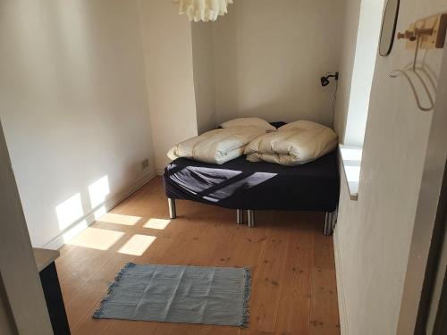 ein kleines Zimmer mit einem Bett mit zwei Kissen darauf in der Unterkunft Slotsgaardens feriegård. in Jels