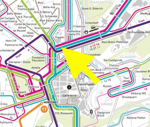 a map with a yellow triangle on it at Centrally located apartment Luxembourg in Luxembourg